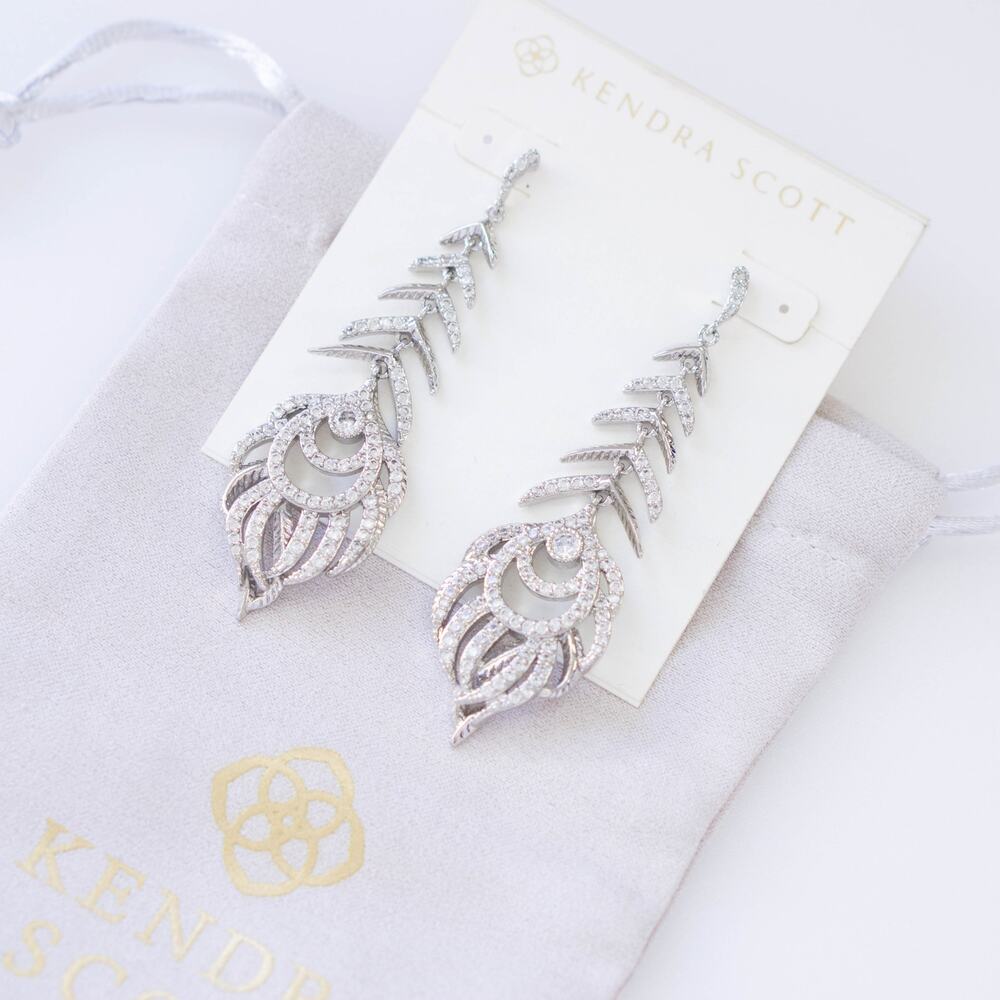Kendra Scott Elettra Drop Feather Peacock Earrings Silvertone